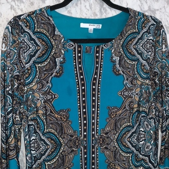 Studio One New York Long Sleeve Shift Dress Turquoise Paisley Print Size Small - Picture 8 of 9